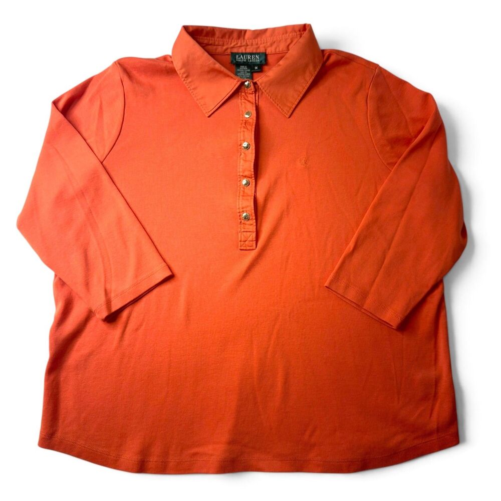 lauren ralph lauren orange cotton 3/4 sleeve snap polo 1x preppy equestrian